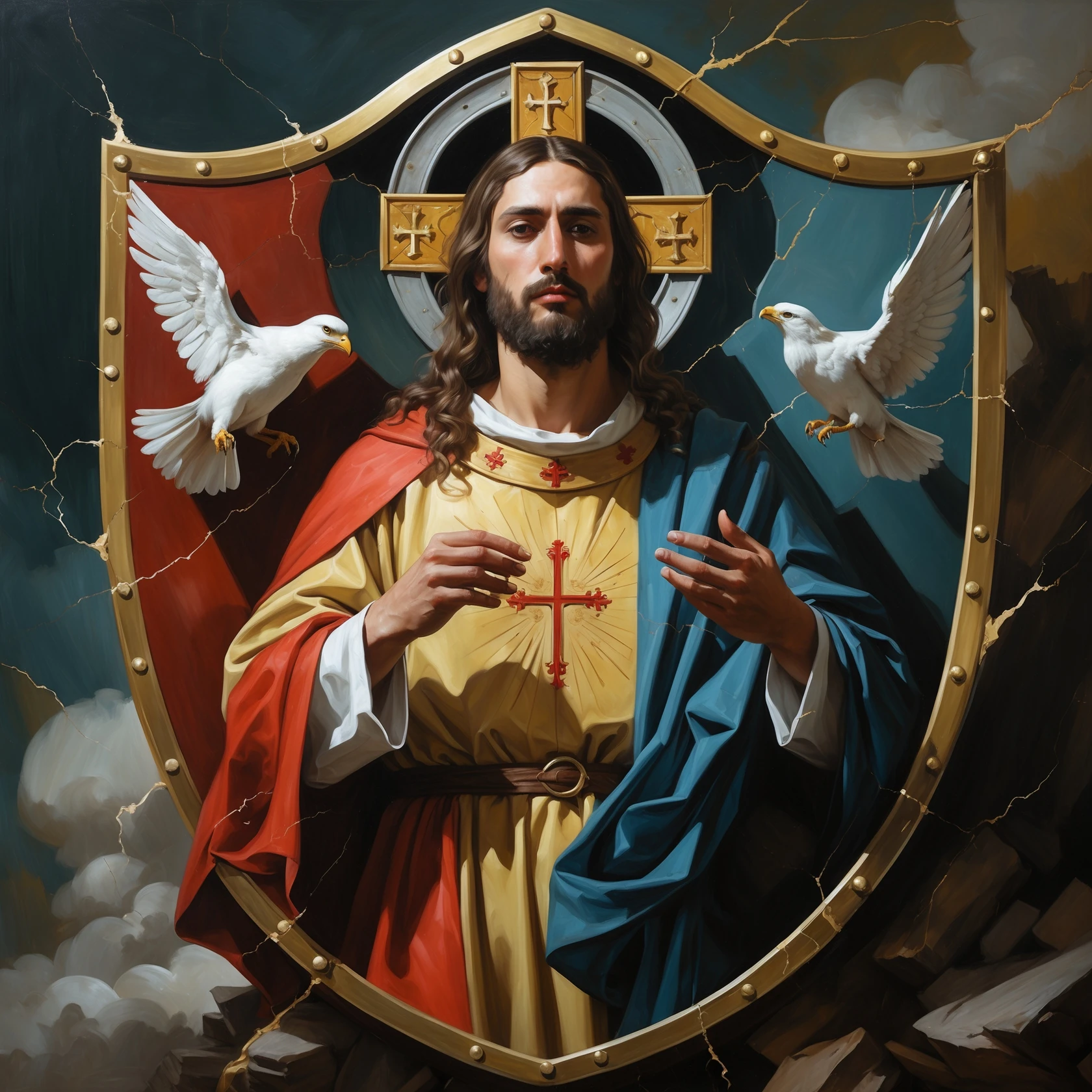 (img2img: strenght:=0.1) <ReferenceOnly-V3> inpaint religious theme onto the shield oil painting style flat image oil cracks countour
medieval shield art
 emoji
