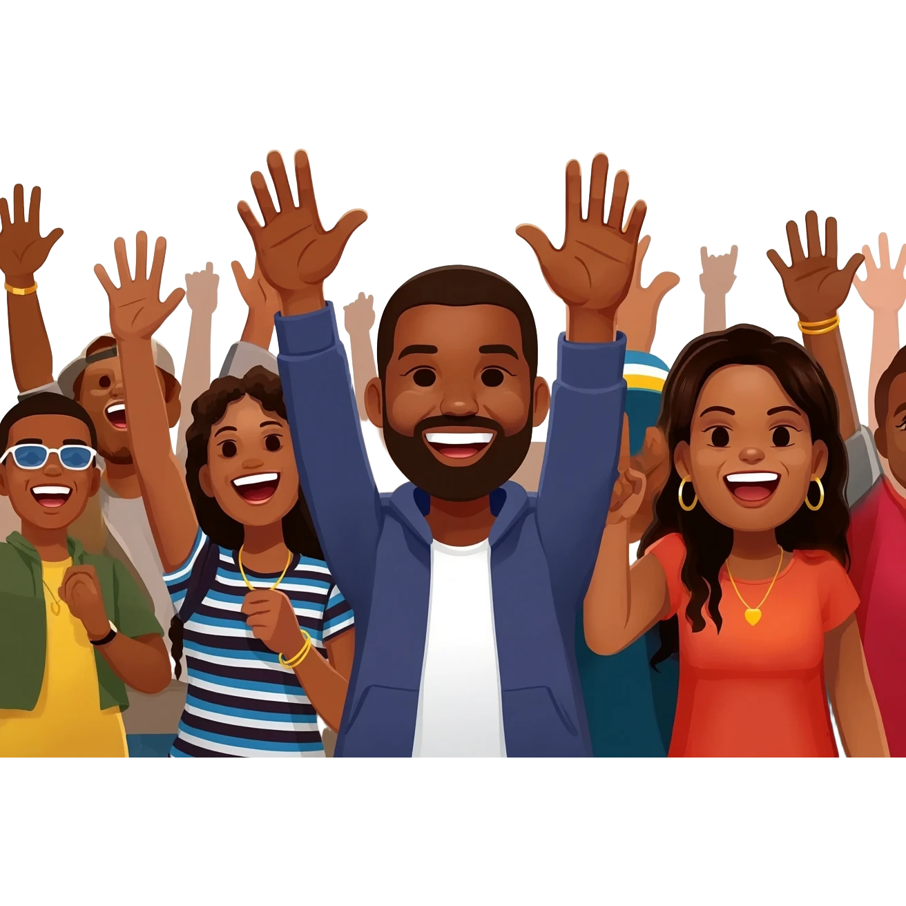 Group of African American men and women fans at hip hop concert with hands raised enjoying the music emoji