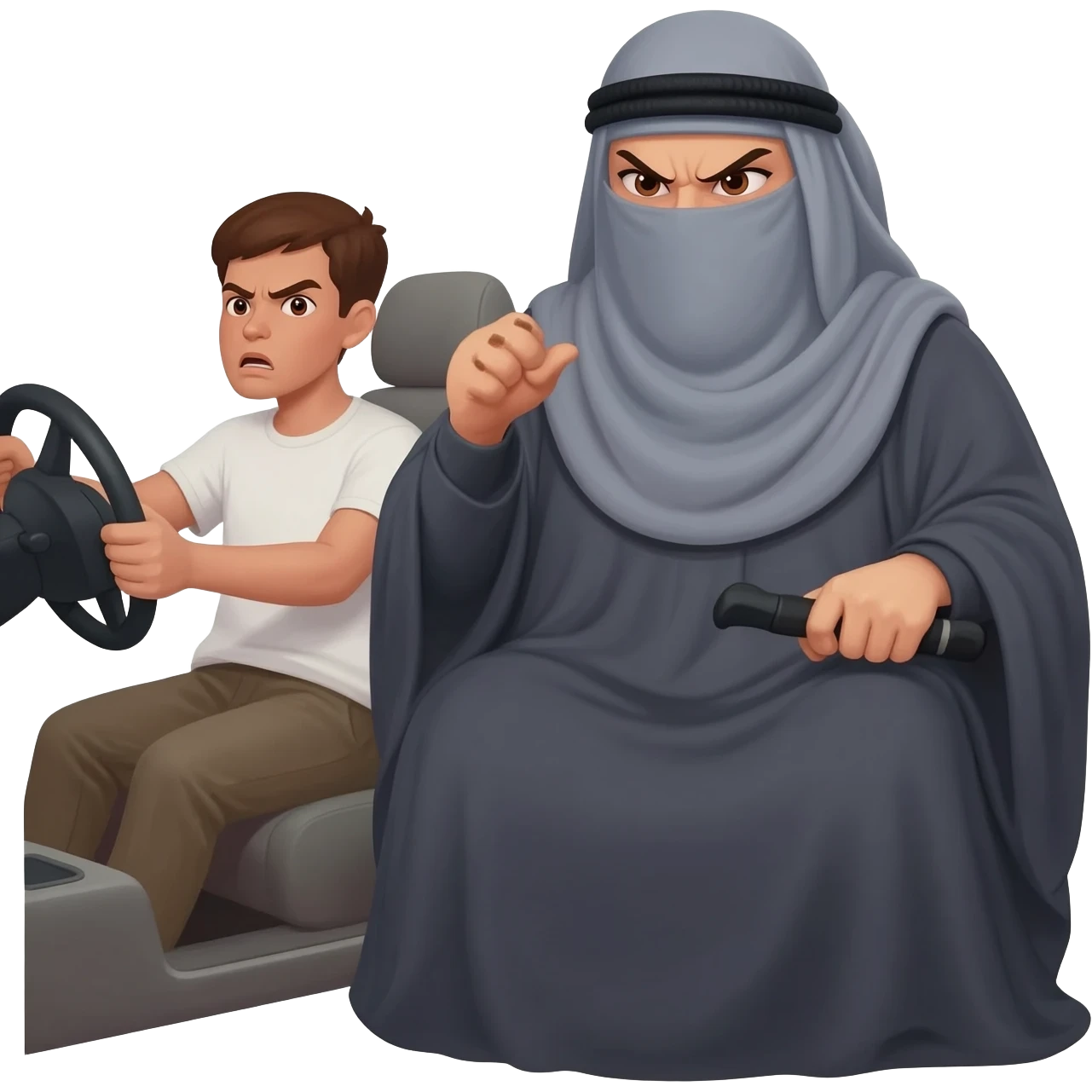 grosse dominatrice burca qui  insulte un jeune homme conducteur dans sa voiture emoji