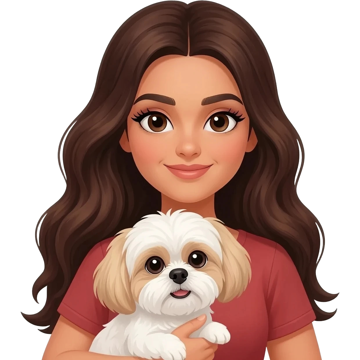 More Tanned middle eastern Brunette girl with long thick hair and eyeliner, holding white and cream  boy shih tzu emoji