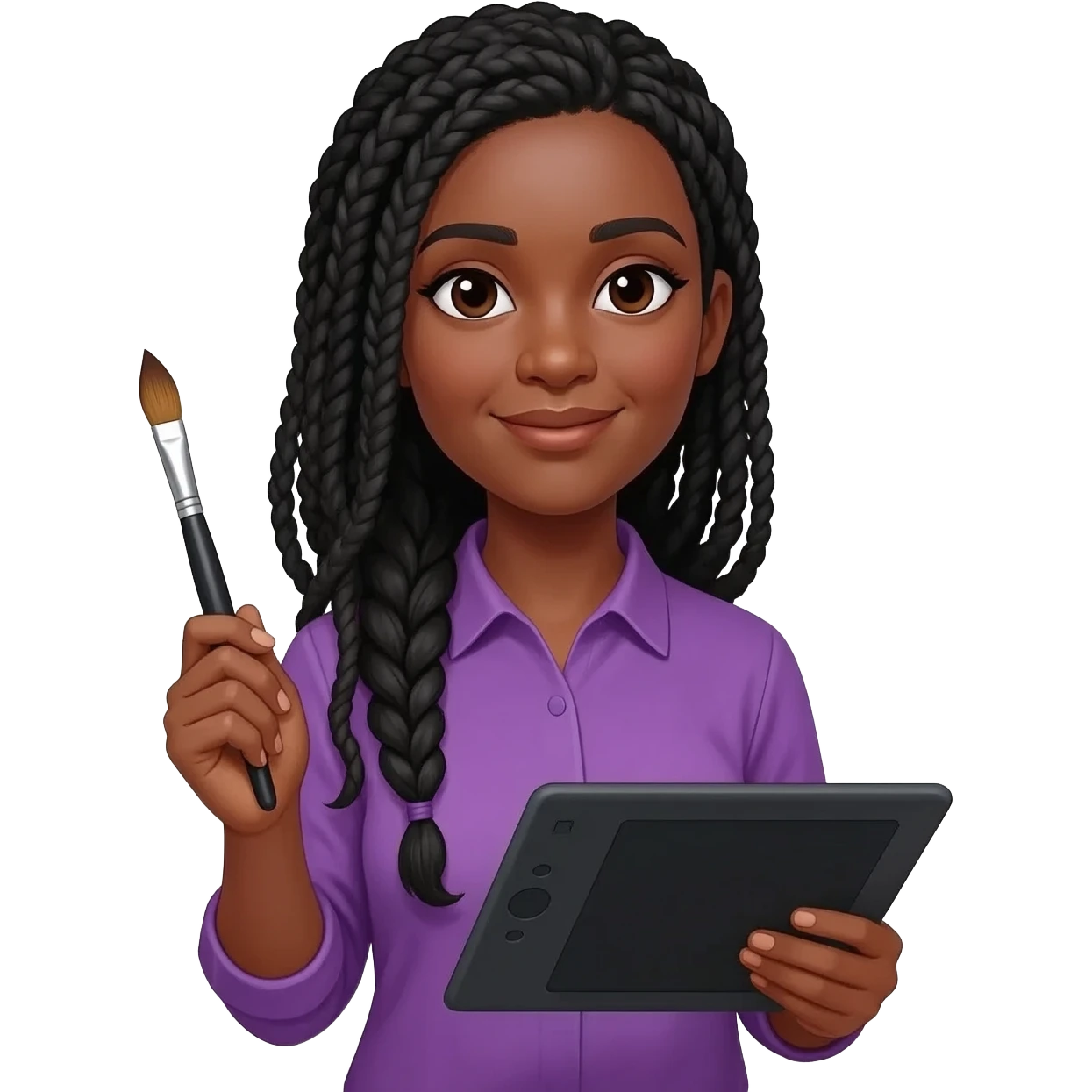 Emoji représentant une femme à la peau marron avec de longues braids noires et portant une belle chemise violette, tenant une tablette graphique dans une main et un pinceau dans l’autre emoji