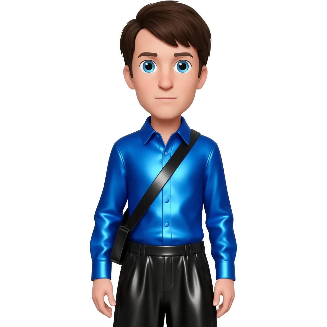 Anthony Field from The Wiggles with  blue eyes, dark brown hair, blue metallic shirt, black metallic baggy pants emoji