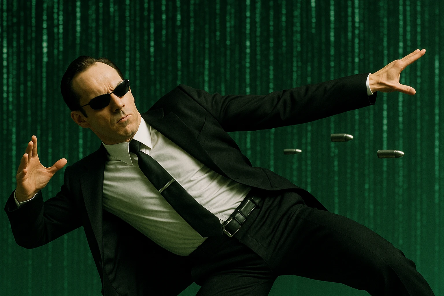 Agent Smith from The Matrix, action pose dodging bullets, black suit, sunglasses, digital rain background emoji