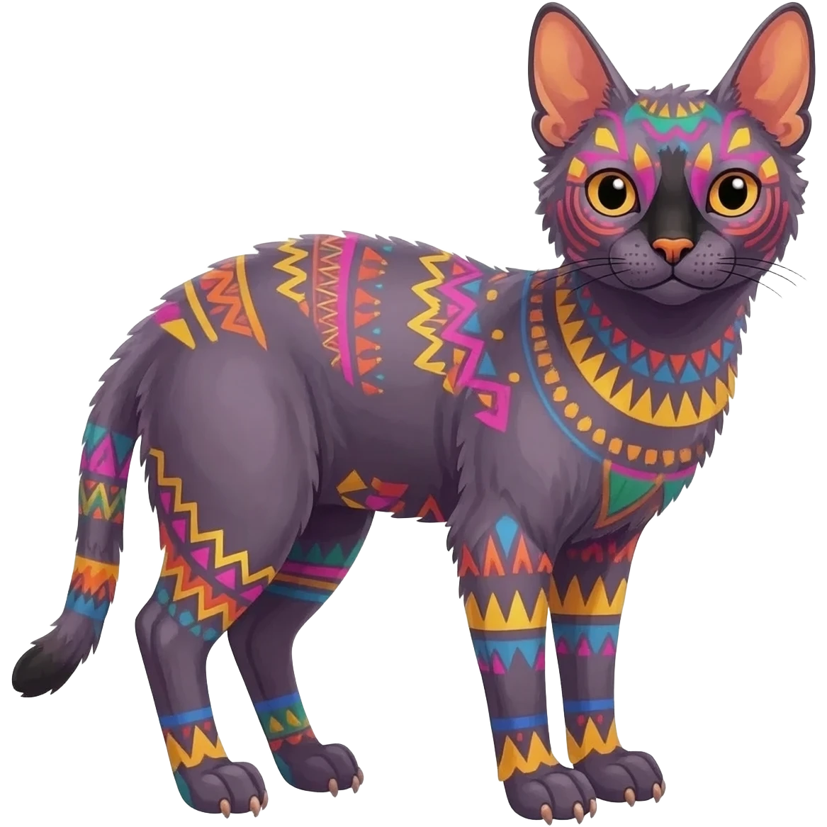 A Colorful  exotic tropical tribal cute happy realistic esoteric patterned fluffy furry dark caracal-Lykoi-bobcat-sphynx-genet-serval-Fakémon-fursona-hybrid-fusion-animal-creature, full body, 4-legged emoji