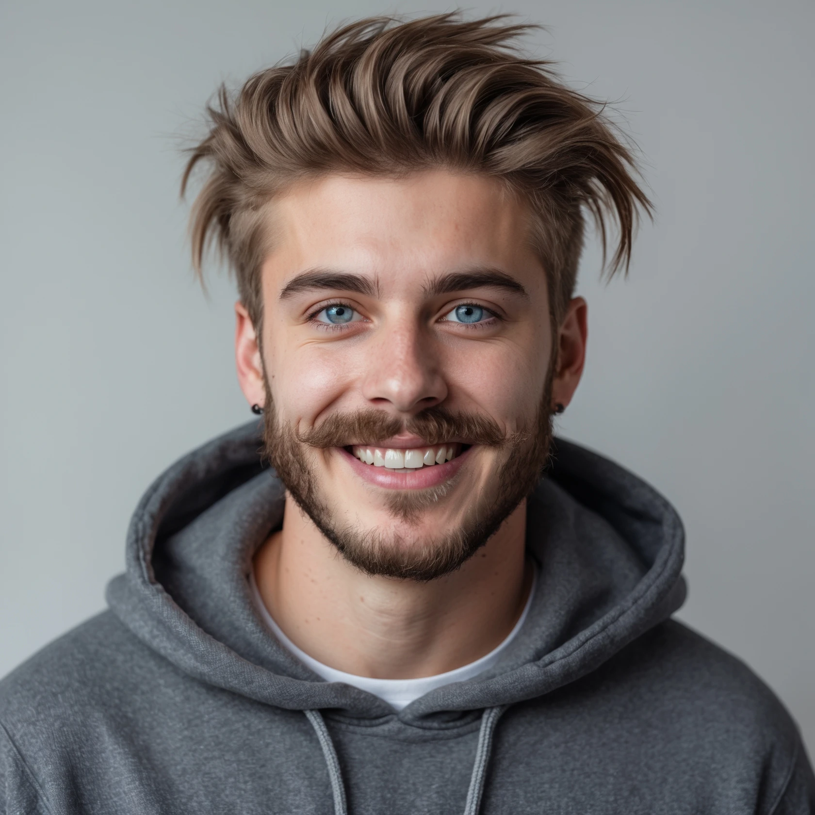 20 year old man, short scruffy beard and thin moustache, brown puffy mullet, blue eyes, big smile, white teeth, big lips, pronounced jaw, hair longer in back, sticking up on top, thin face, grey hooded sweatshirt, blue eyes emoji