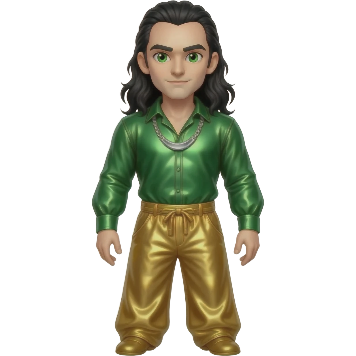 Loki from Norse Mythology with green eyes, long black hair, green metallic shirt, gold metallic baggy pants, silver necklace emoji
