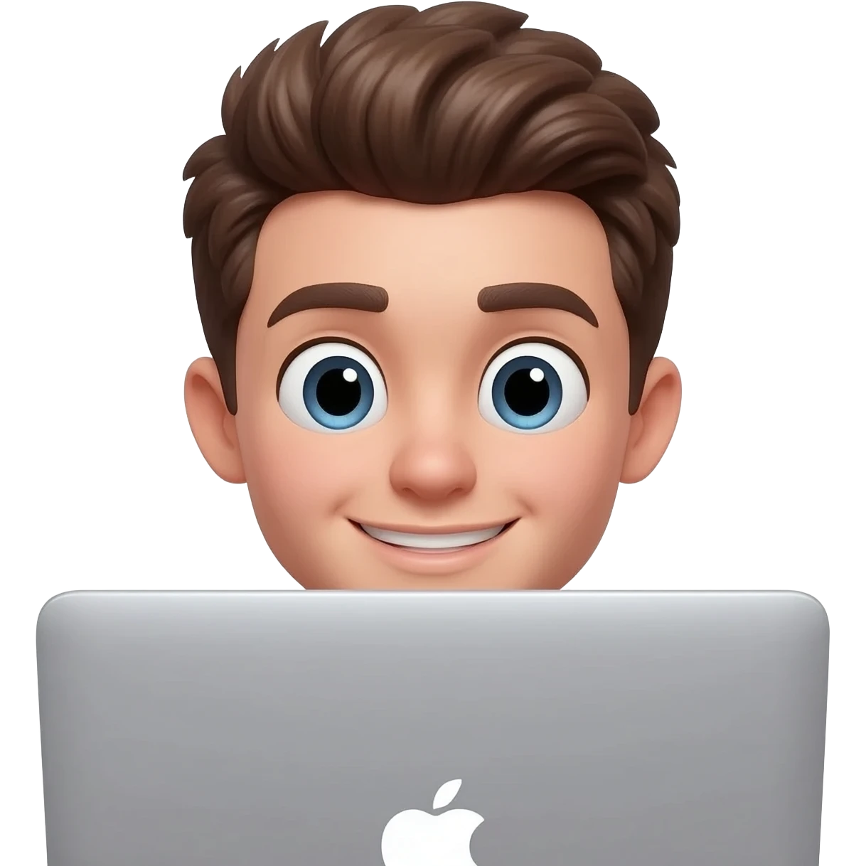 A 3D cartoon memoji-style character of a young man peeking over a silver MacBook laptop. The character has short brown hair styled up, large expressive eyes, and a friendly face. emoji