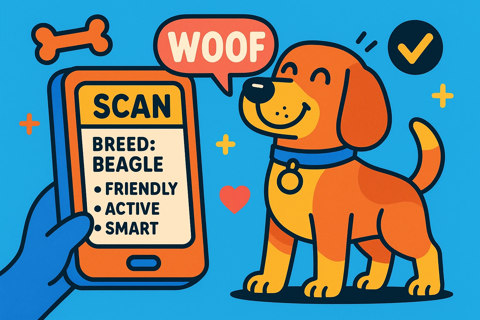 fun scene with scanner display showing dog's breed and characteristics, pop-up text bubbles and icons, dog looking proud, playful and colorful style emoji