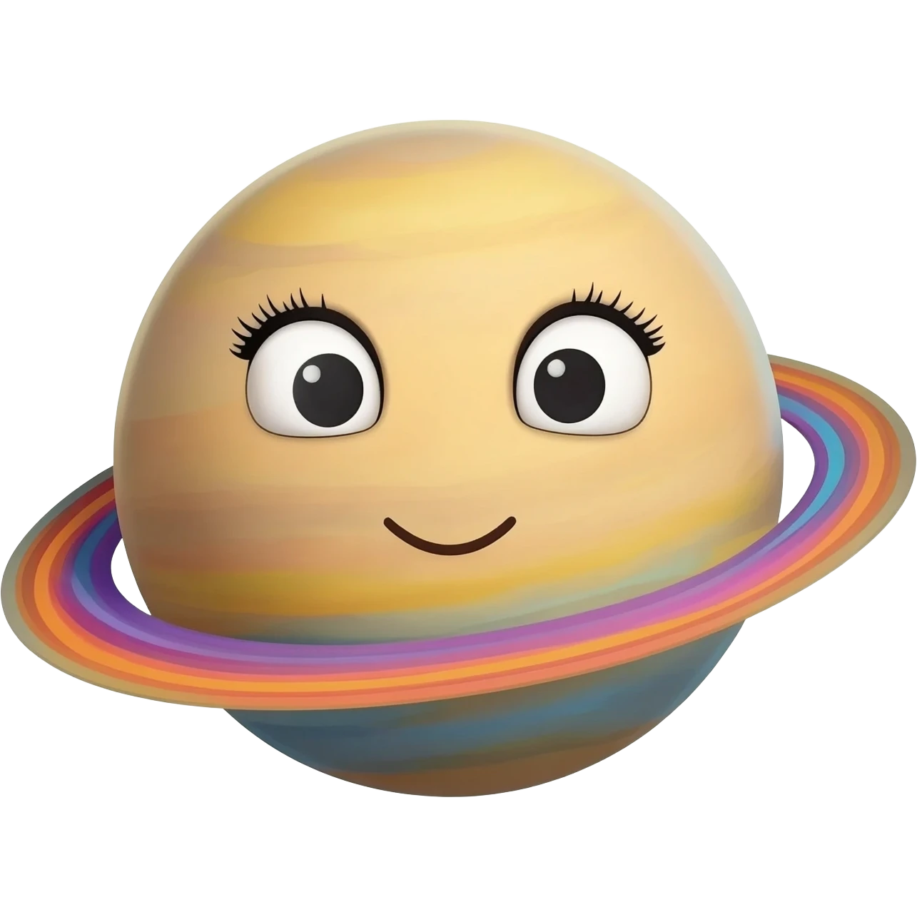 remake the saturn emoji with cartoon smiling face with the rings bigger and more colorful, make the eyes white with black irises and feminine eyelashes emoji