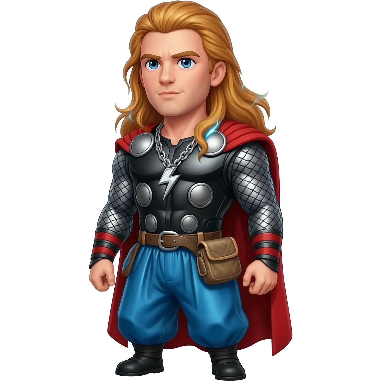 Thor from Norse Mythology with blue eyes, long red hair, black metallic shirt, blue metallic baggy pants, silver necklace emoji