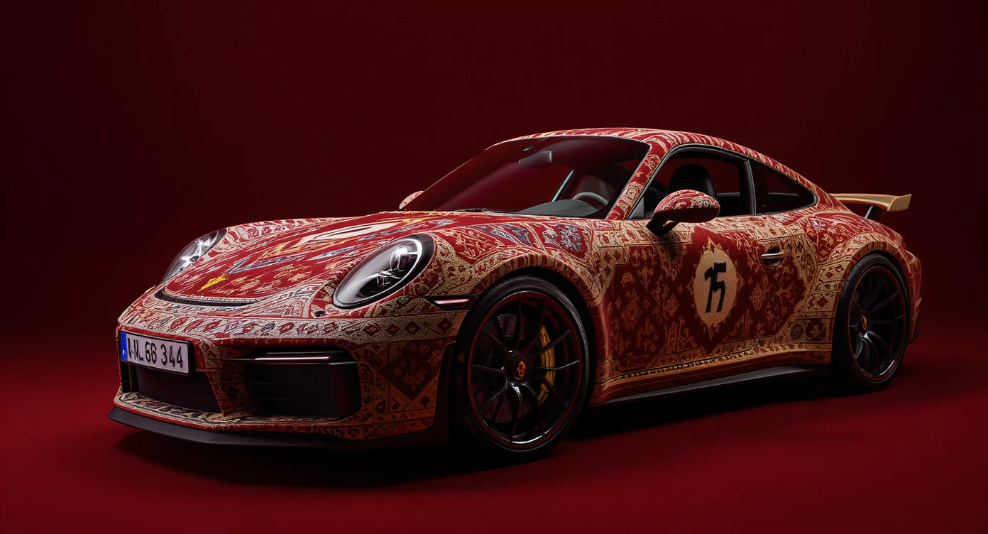 Closeup shot of a porsche 911, body of car made of russian carpet with patterns, red solid studio background, very dark room, top low key light, dutch angle, haze, captured by ARRI 65 emoji