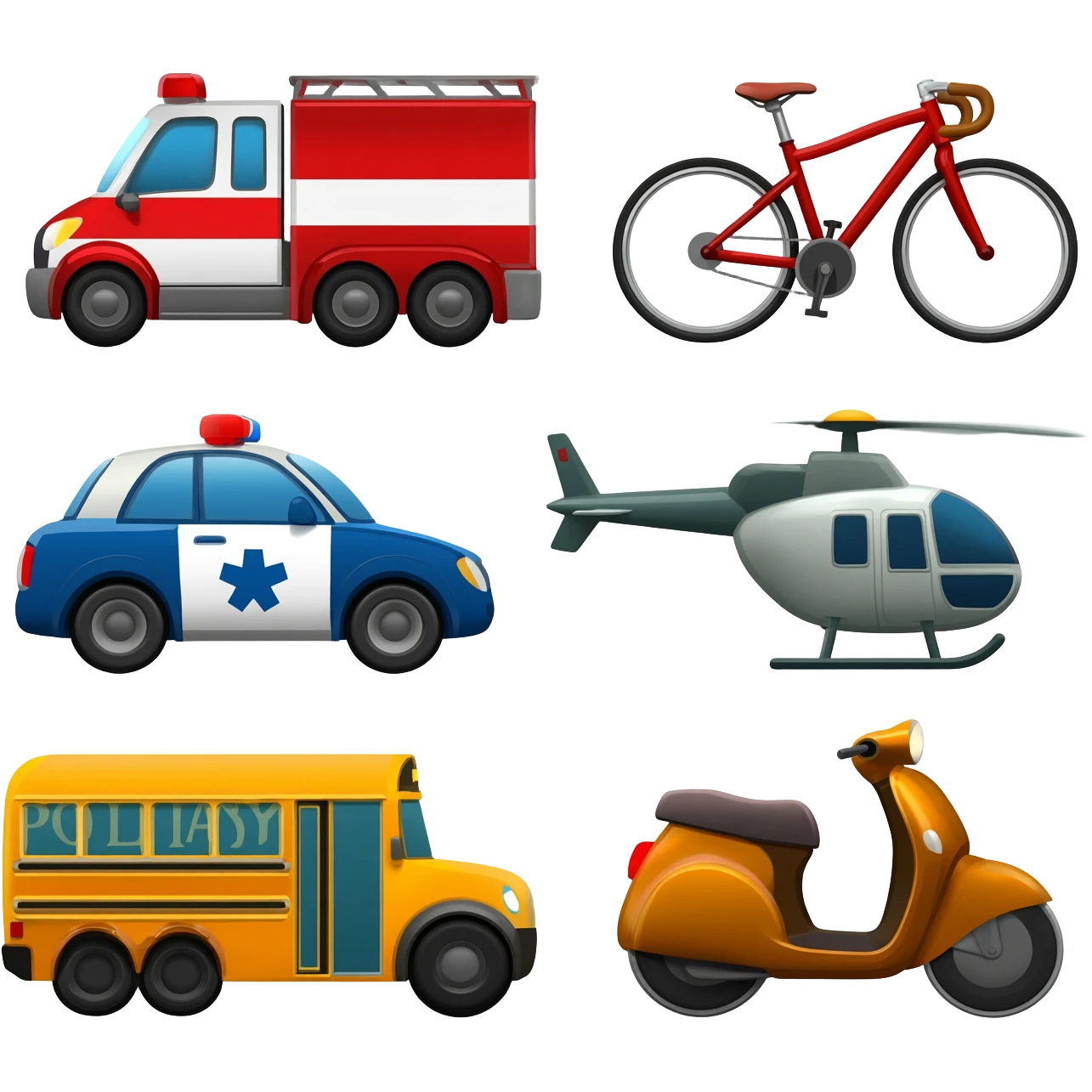 🚂 Train  🚑 Ambulance  🚒 Fire Truck  🚲 Bicycle  🚓 Police Car  🚁 Helicopter  🚌 School Bus  🚗 Car  🛵 Scooter  🚜 Road Roller icons  banavi dee emoji