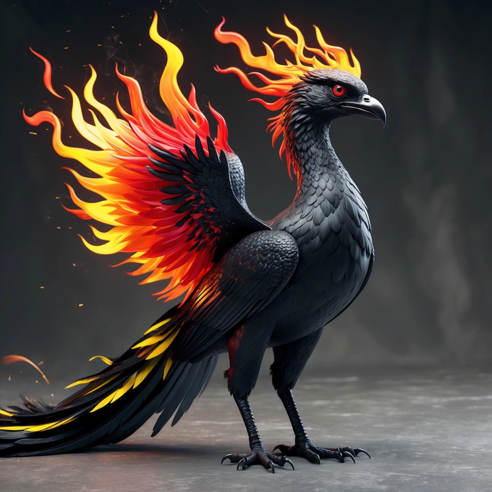 Transform this phoenix into a dark phoenix: make the bird's body black, with shining, vivid flames in orange, red, and yellow. Keep the background transparent. emoji