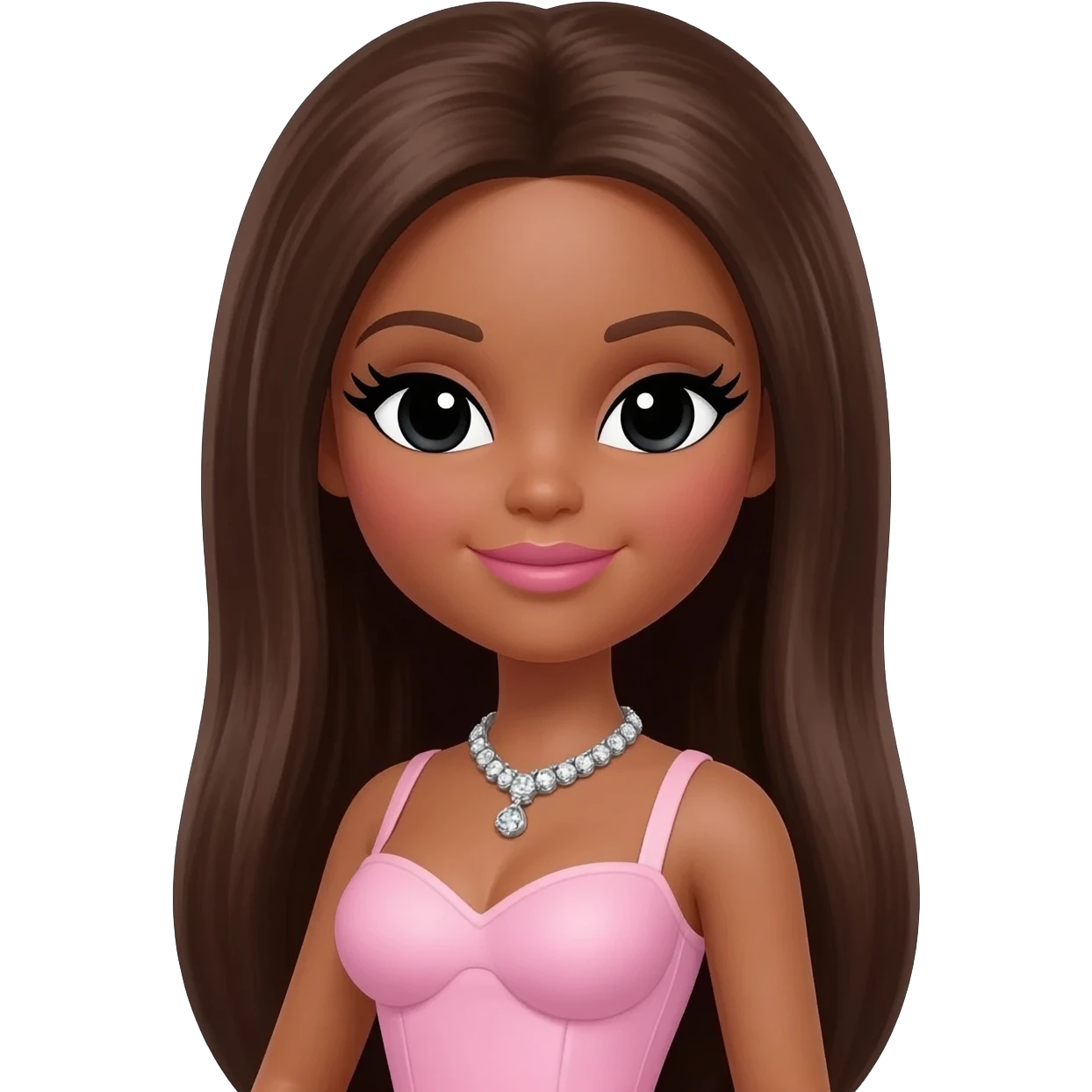 Long giant lashes, Doll faced shaped,swarovski with Rhodium plated necklace, bimbo, black doll eyes, barbie, darker brown skin, with long dark brown hair, light pink, big breast emoji
