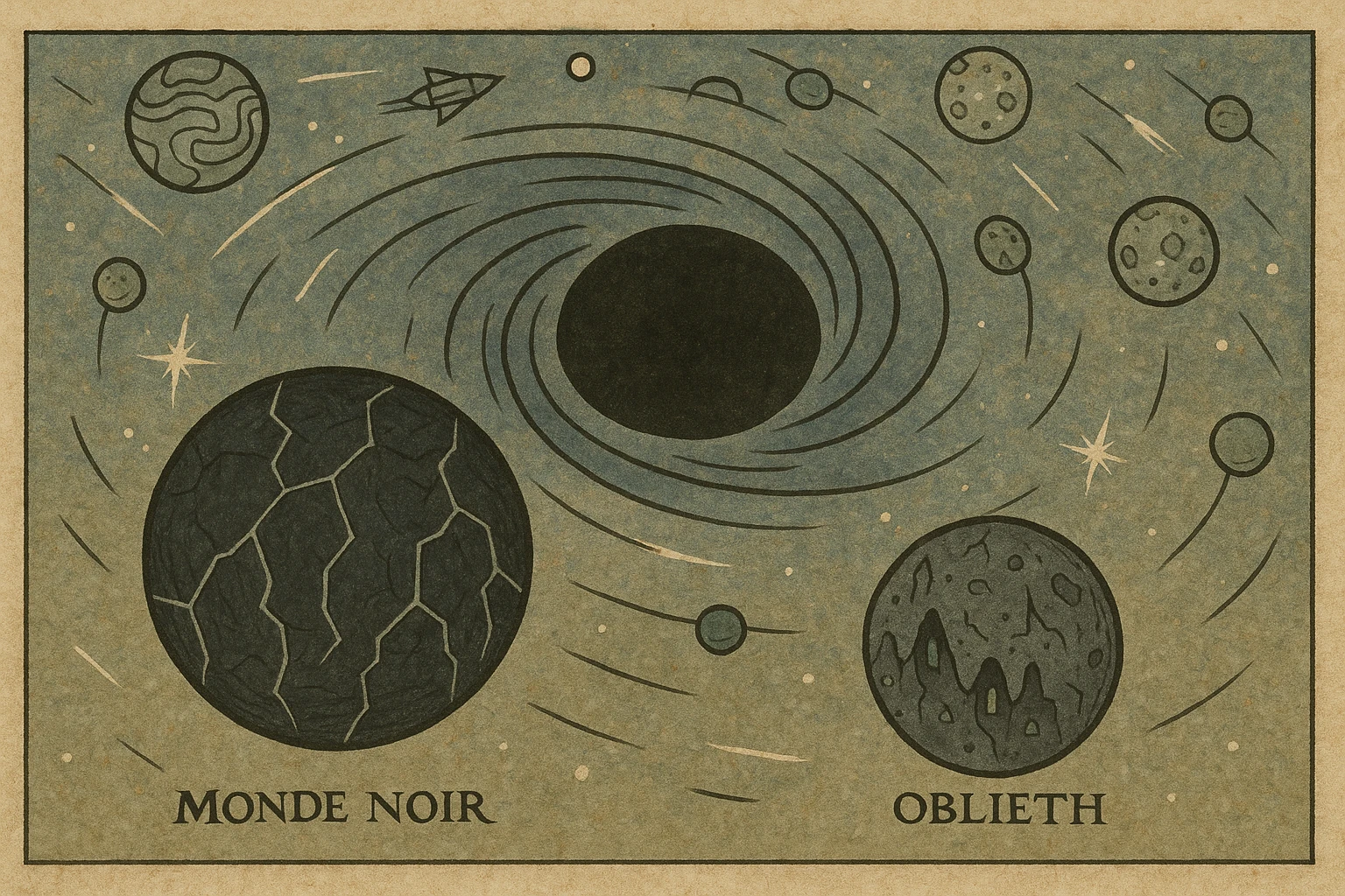 map of dark back ward -“A dark cosmic region orbiting a massive black hole. No sunlight. A dead solar system with twisted planets and moons circling in silence. Monde Noir looms in the foreground — a cracked, obsidian planet with no atmosphere. Its moon, Oblieth, floats nearby, scarred and pitted, with faint green lights glowing from within cave openings. Stars are distorted and streaked by gravitational lensing. The entire scene is heavy, quiet, and surreal.” emoji