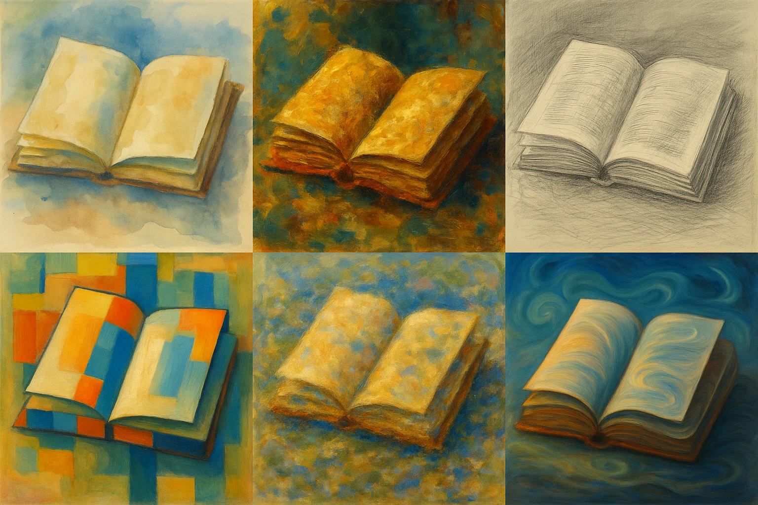 an open book, various artistic styles emoji