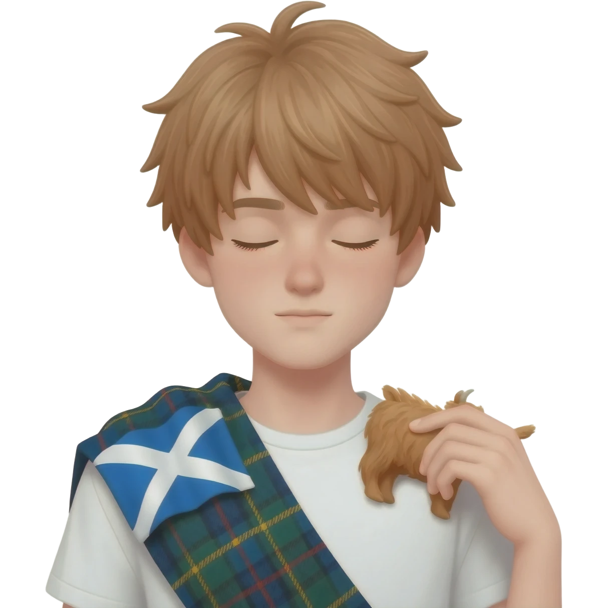 femboy with messy light brown bangs covering the eyes with scottish flag on his shoulders pets a cute highland cow emoji
