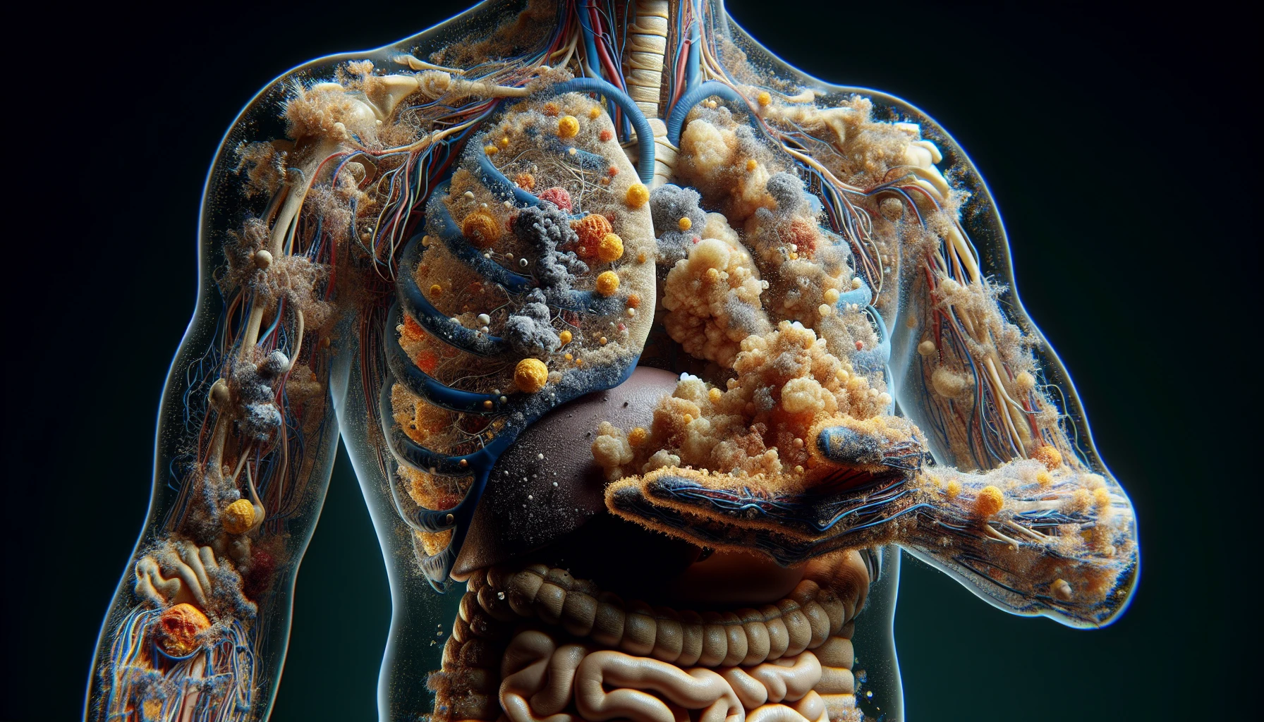 corpo umano anatomico che accumula tossine e malattie nel corpo , iperrealistico 4k emoji