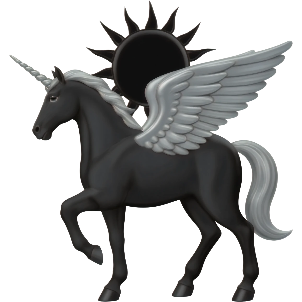 Winged unicorn that is black and silver with the black sun behind it emoji