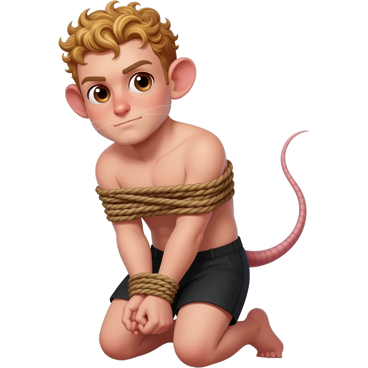 man with brown eyes, rat ears, curly blond hair. he has rat tail. he dressed in black shorts. he is on his knees. her arms are tied up with ropes emoji