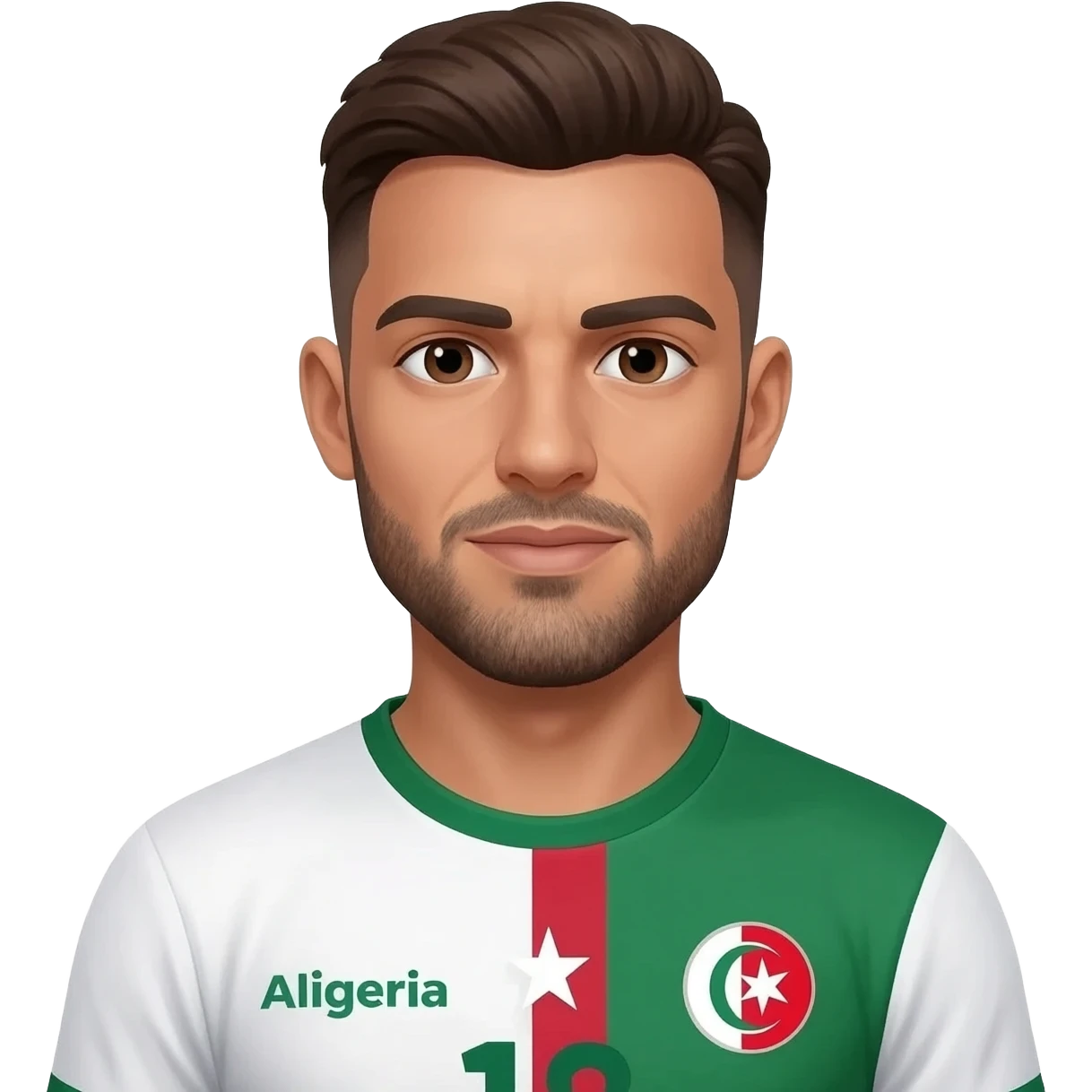 homme métisse algérien français peau claire 38 ans brun cheveux courts petite calvitie et barbe avec maillot foot Algérie emoji