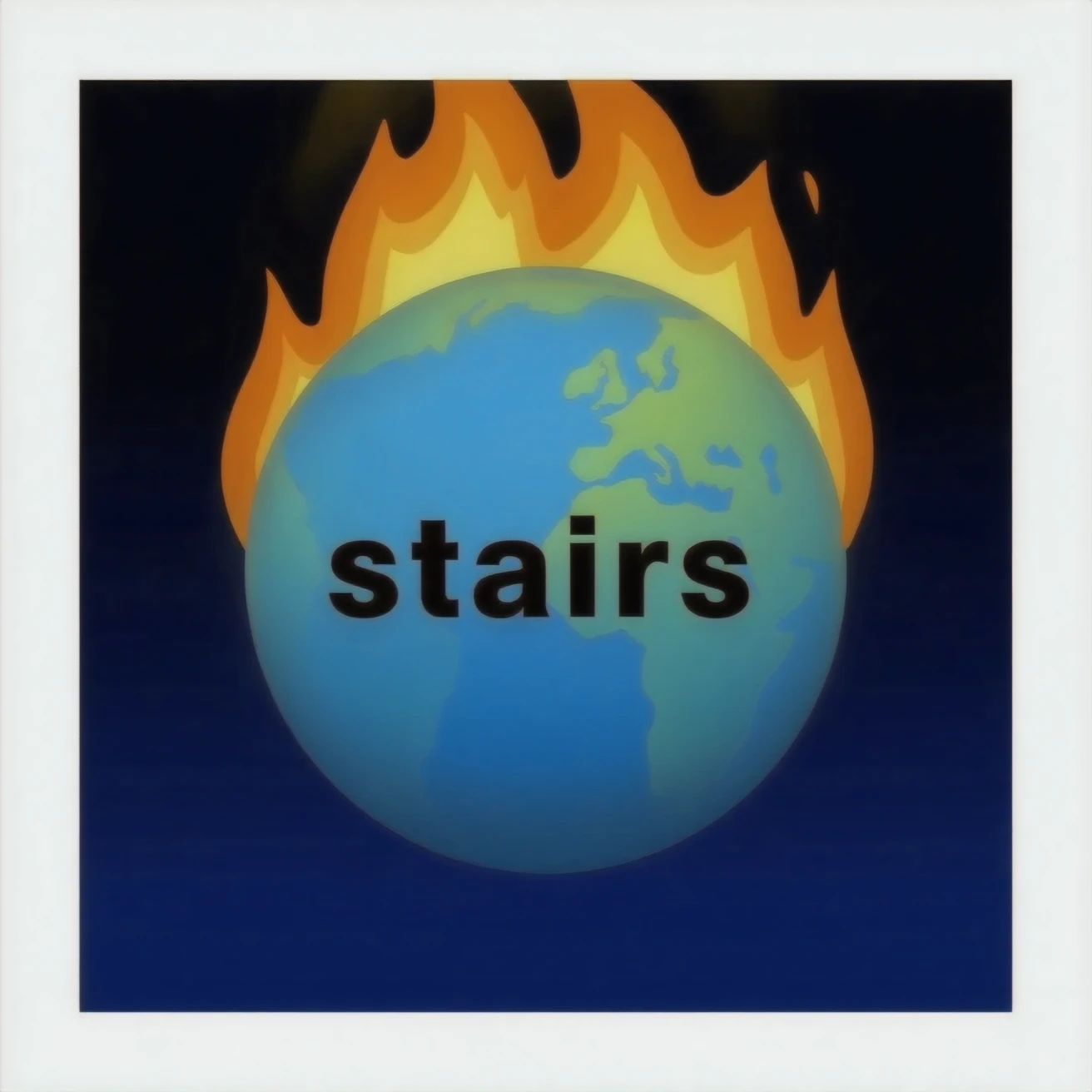 a blue burning planet in a realistic style that has "stairs" written on it in black letters emoji