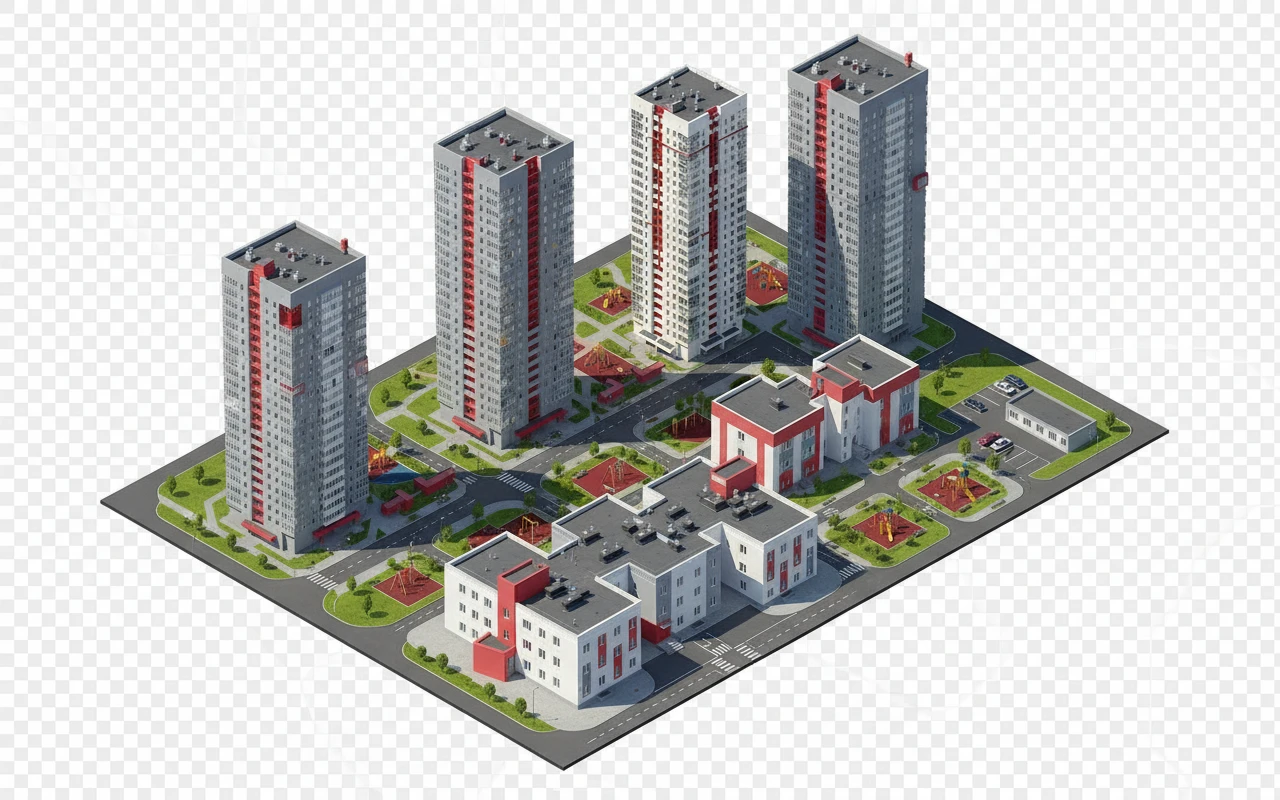 Изометричная, яркая, детализированная, объемная и фотореалистичная отдельная иллюстрация Манхэттен-2 в Челябинске. Чёткие контуры, не размазанные линии, высокое качество, прозрачный фон, не обрезать края картинки emoji