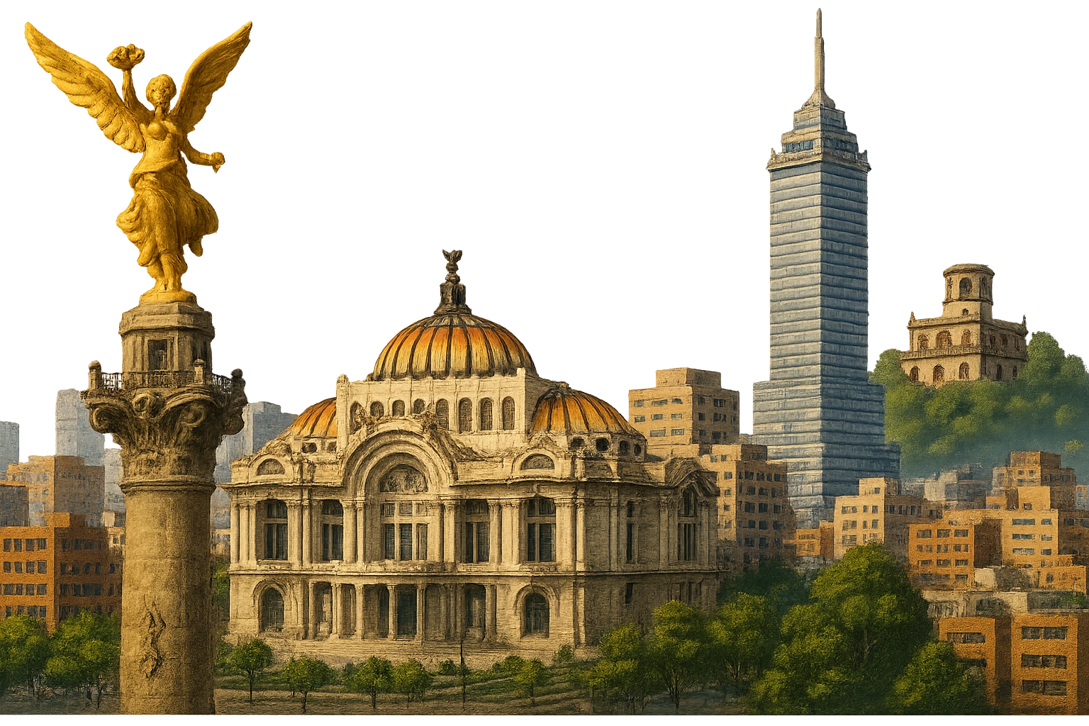 cinematic realistic emoji of Mexico City skyline featuring Angel of Independence, Palacio de Bellas Artes, Torre Latinoamericana, Chapultepec Castle, lifelike detail, accurate colors, bright daytime lighting, wide city view, no sky, no clouds, transparent background emoji