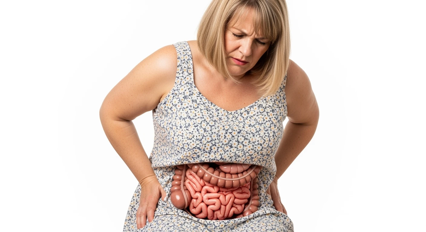 DONNA LEGGERMENTE SOVRAPPESO PIEGATA IN AVANTI FRONTALMENTE CON INTESTINO ANATOMICO IN EVIDENZA, MAL DI PANCIA iperrealistico 4k, ISOLATA SU SFONDO BIANCO emoji