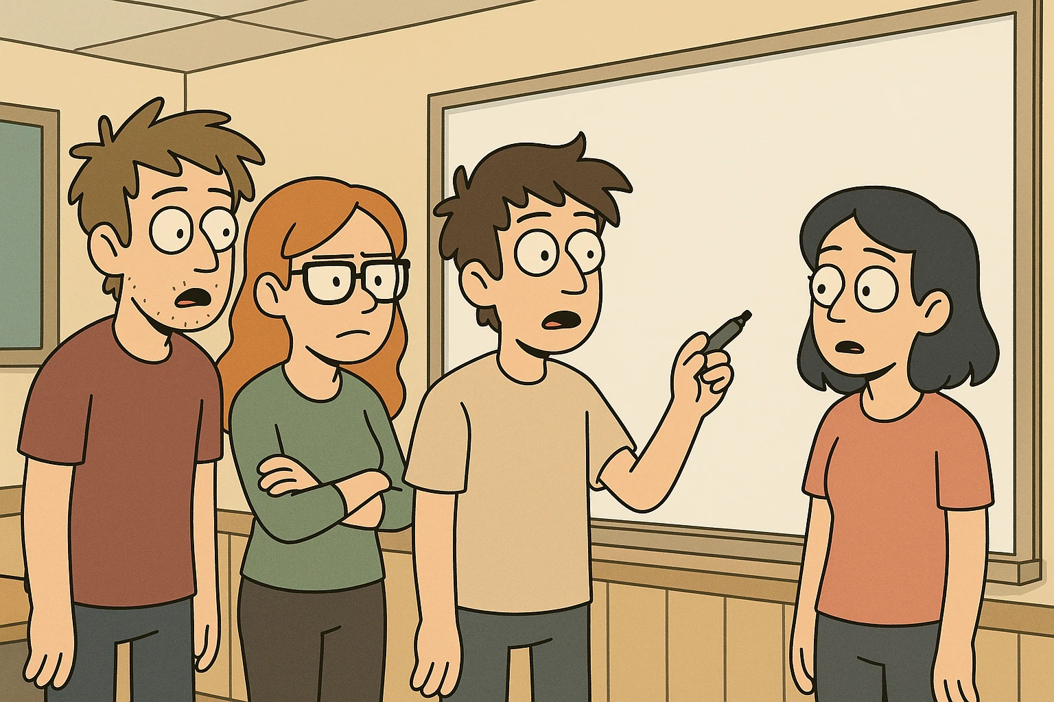 four young adults, mixed gender, focused on a whiteboard, classroom setting, flat design style emoji
