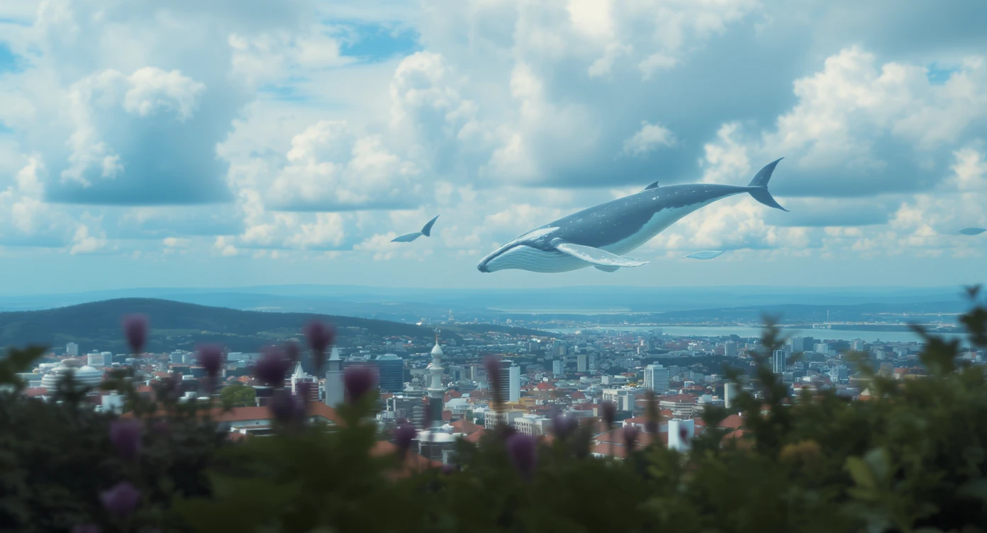 A cinemaatic still of a city, blurred plants in the foreground, giant whales fly above city sky, rolling hills in the background, cinematic depth of field, layered composition, colorfull, blue sky emoji