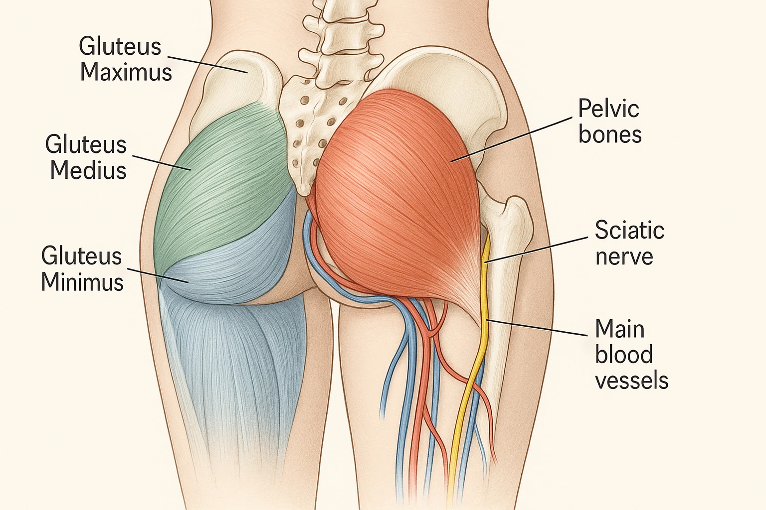 Anatomical view of the female gluteus with highlighted muscles, pelvic bones, sciatic nerve, and main blood vessels, inspired by the reference photo. Medical style with a neutral background. emoji
