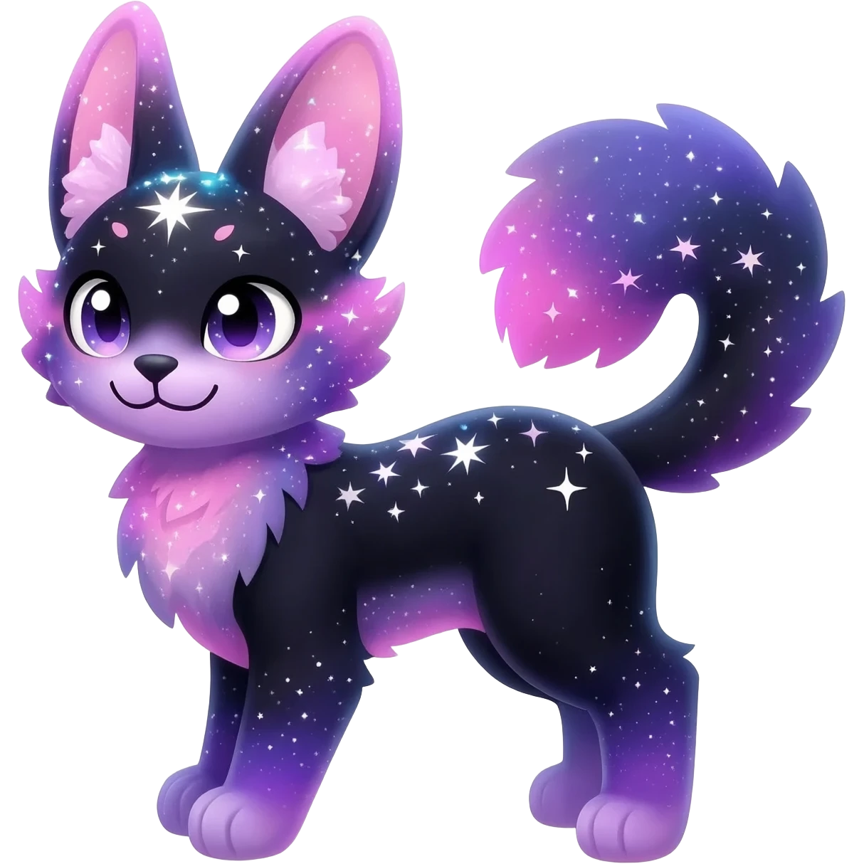 Colorful black-violet-indigo-purple-pink-gradients nebulae nebula white stars-sparkles-markings galactical shiny white-stars-patterned glorious iridescent divine exotic cute cool beautiful realistic Meloetta-caracal-civet-sergal-bunny-oncilla-animal-Fakémon-hybrid-fursona (full body) emoji