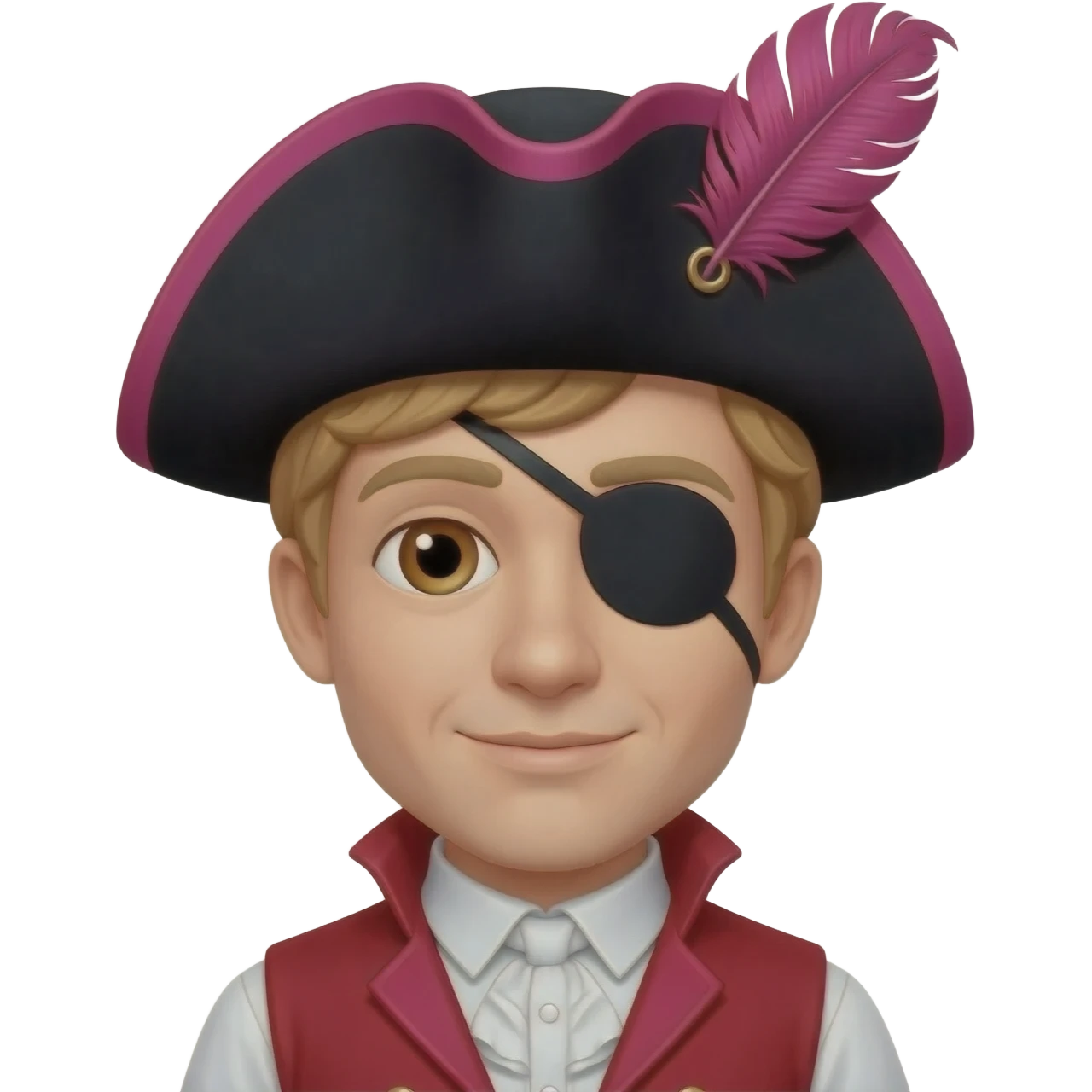 Captain Feathersword from the wiggles with brown eyes, golden brown hair, white metallic shirt, red vest, black tricorn hat with pink feather, one black eyepatch emoji