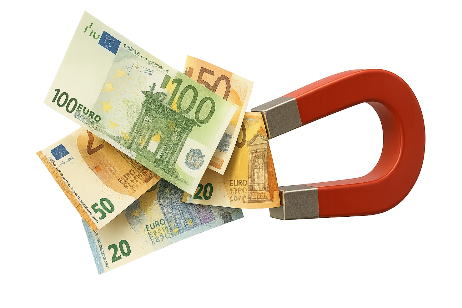 banconote di euro fluttuano vicino ad una calamita rossa, sono attratte, iperrealistico 4k emoji