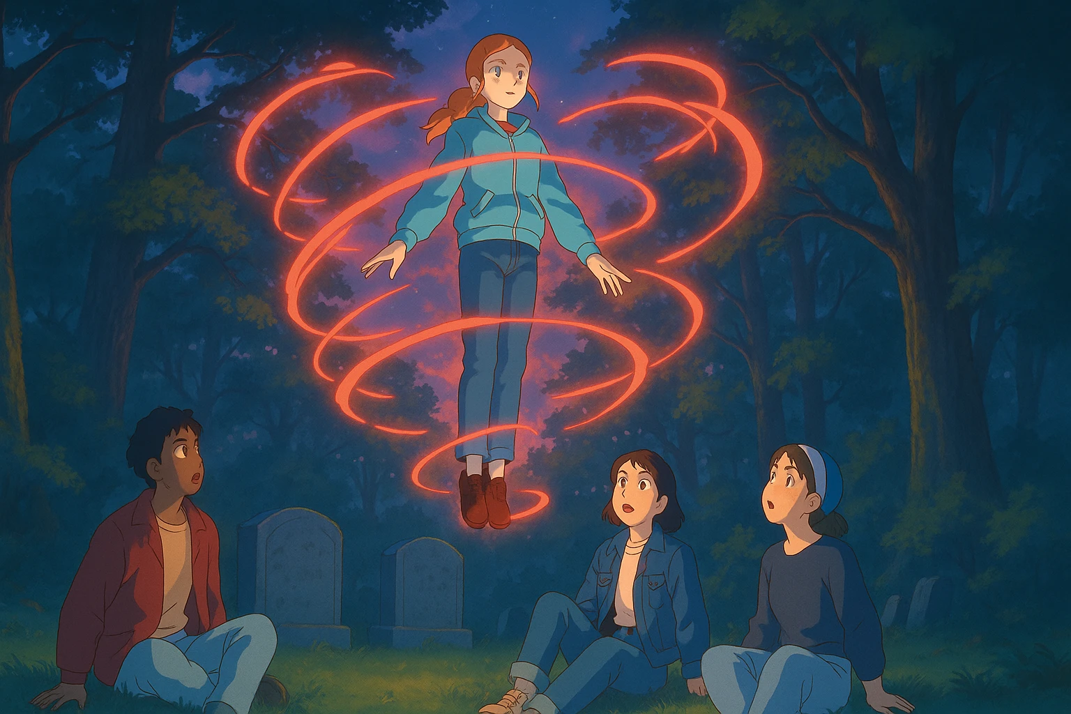 Max from Stranger Things levitating with supernatural red energy swirling around her, friends in awe, Ghibli style, wide aspect ratio (16:9), intense and mystical atmosphere. emoji
