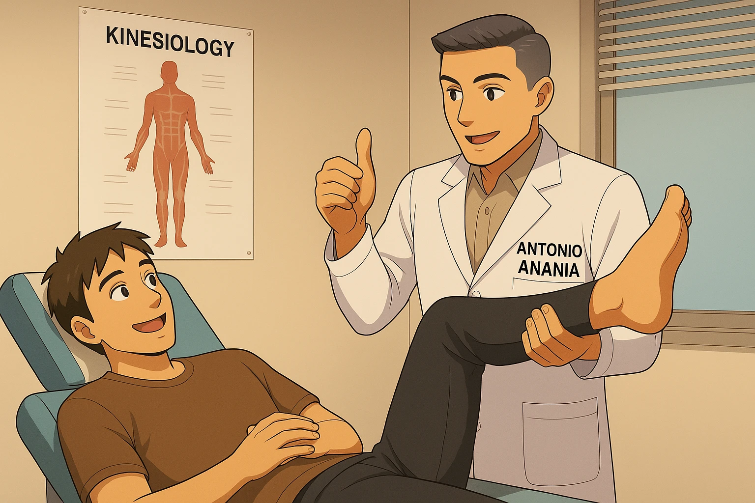 su questo lettino rappresenta un webtoon manga a colori con questo stile, in cui un uomo è steso sul lettino medico e il kinesiologo con il camice bianco (fagli anche la scritta "ANTONIO ANANIA" SUL CAMICE, gli solleva una gamba per fargli il test neuromuscolare, IL KINESIOLOGO SPIEGA ALL'UOMO UNA cosa mentre gli alza la gamba. l'espressione dell'uomo è felice e soddisfatta, non fare i fumetti però, fai solo in modo che sembri stiano parlando emoji