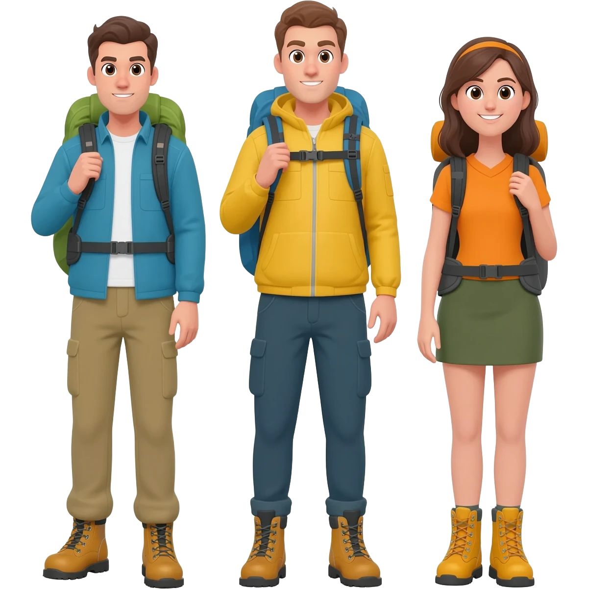 three startup team members wearing hiking boots and rucksacks two mean and one woman emoji