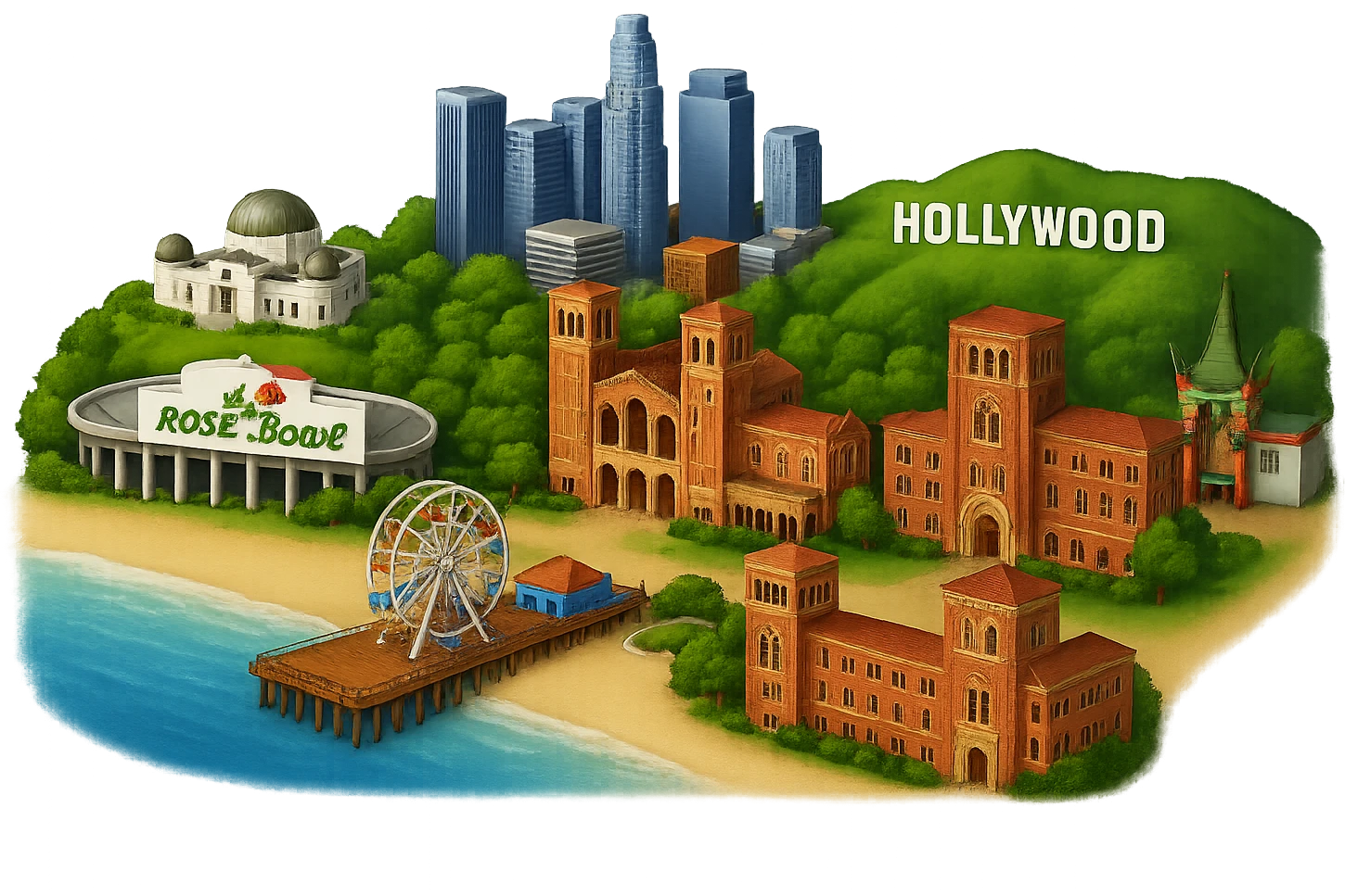 Replace the extra Rose Bowl Stadium on the beach in the Los Angeles emoji with more of Santa Monica, ensuring only one Rose Bowl Stadium remains inland. Keep the Coliseum, Royce Hall at UCLA, Bovard Administration Building at USC, downtown LA skyline, Chinese Theater, and Hollywood Sign in their current positions away from the beach. Retain the Santa Monica Pier and beach at the coast. Maintain highly realistic, lifelike architectural detail, accurate colors, bright daytime lighting, fully transparent background, no sky, no clouds, and no city name label. Do not change the layout or composition except to remove the extra Rose Bowl and add more Santa Monica at the beach. Style should remain consistent with the original Los Angeles emoji look. emoji