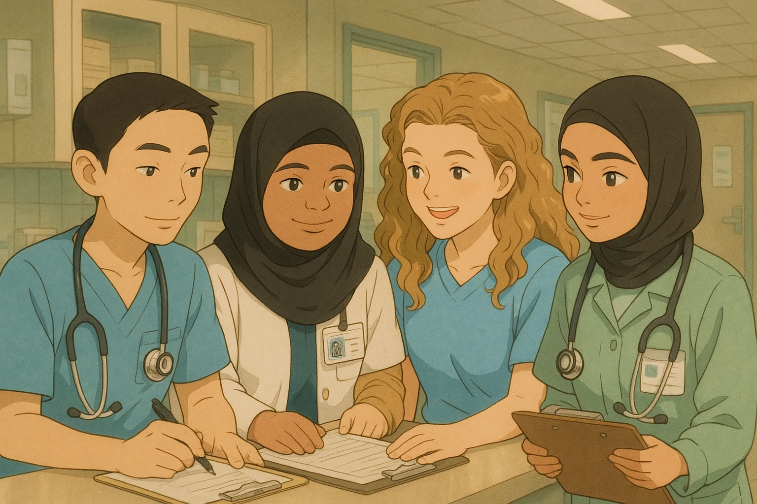 Four student nurses working together in a hospital setting, diverse and collaborative, warm and friendly atmosphere, wearing medical uniforms, soft colors, detailed background, inspired by the four reference faces, Ghibli style illustration. emoji