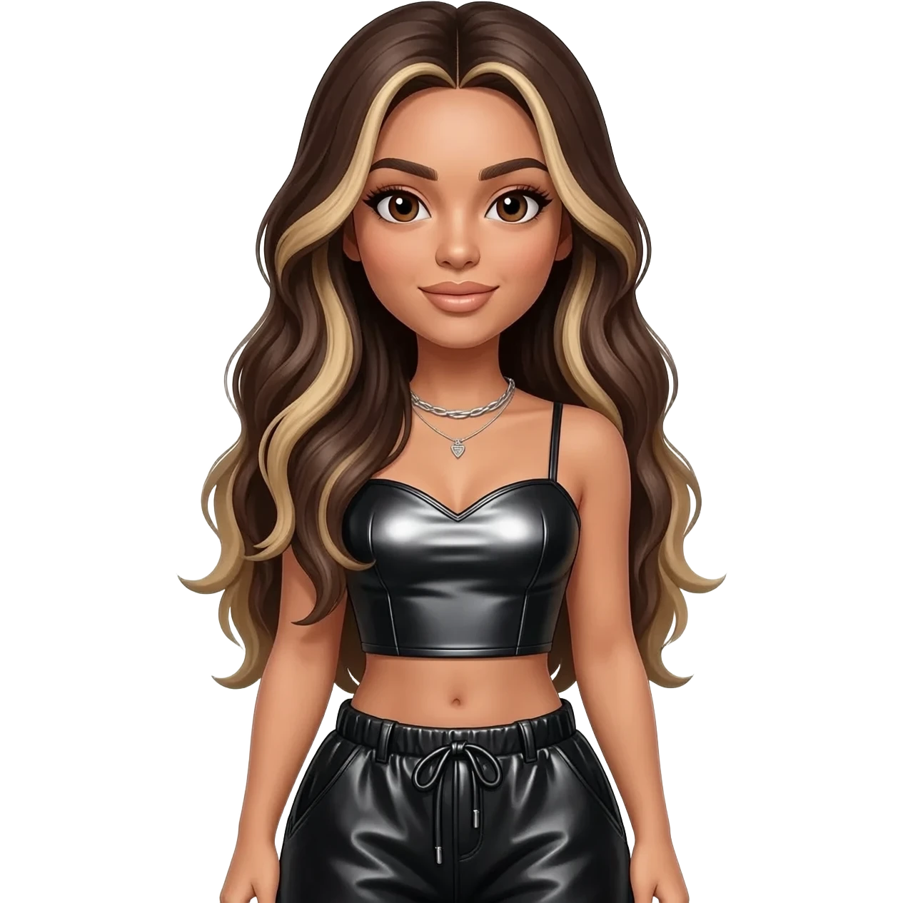 Ciara with brown eyes, long dark brown hair with blonde highlights, black metallic sweetheart crop top, black metallic baggy pants, silver necklace emoji