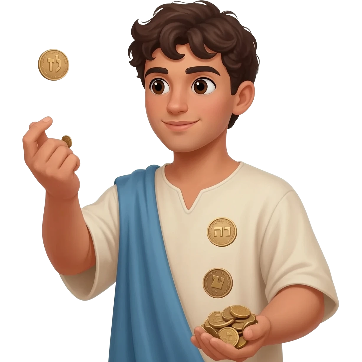  парень раскидвает раостно денгами, монетами  времена древнего иерумалима  emoji