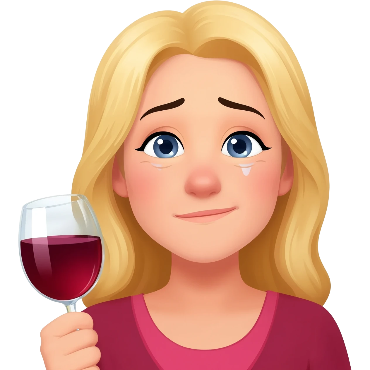 Happy girl, blond girl, mommy, party vibe with a glass of red wine and very tired emoji