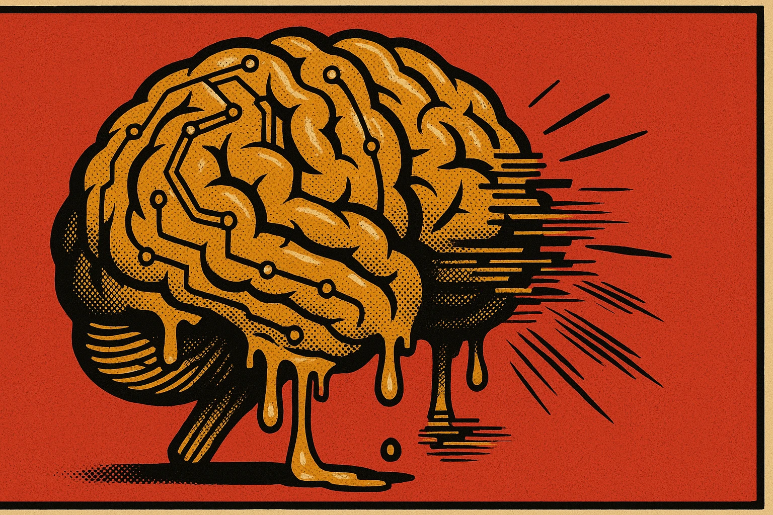 brain made of gold wires and circuits, partially melting and glitching, symbolizing sabotage, old school comic book style, 16:9 aspect ratio emoji