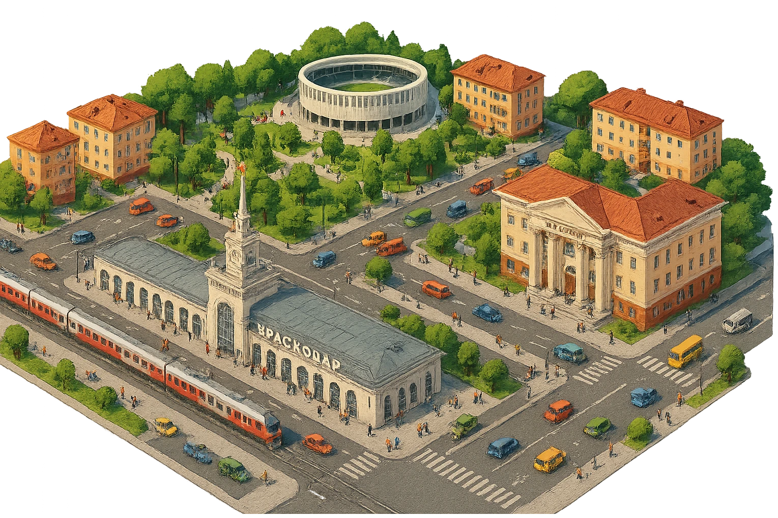 Изометричная миниатюрная фотореалистичная 3D модель панорамы Краснодара - вокзал Краснодар, КубГМУ, парк Краснодар со стадионом, краснодарские дома, автотранспорт четкие линии, яркие цвета, мультяшный реализм, люди, автотранспорт, компактная композиция, вид сверху в изометрии, прозрачный фон emoji