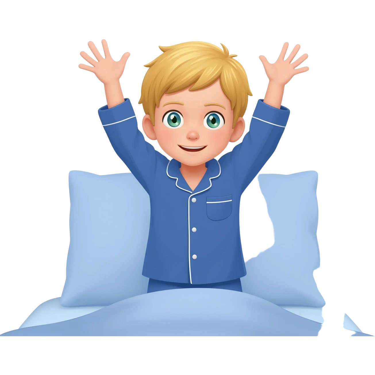 Use the same 3 year old blonde boy with green-blueish eyes, it should be the same boy as before  happy with plain blue pajamas raising both arms up, on the bed emoji