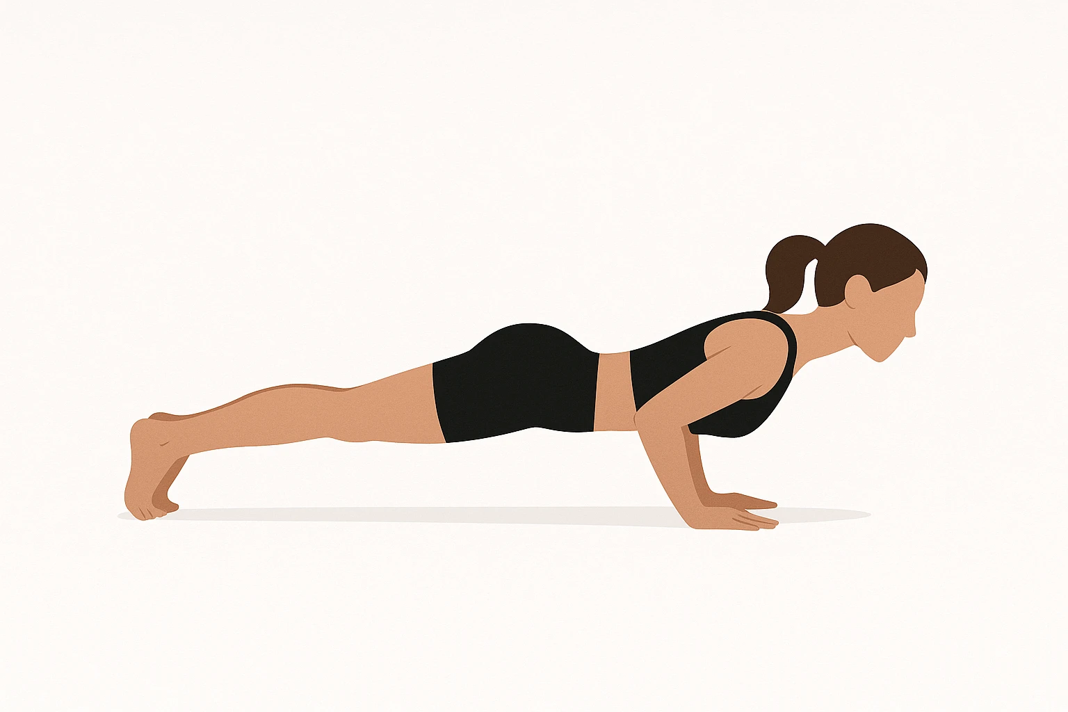 Minimalist flat vector illustration of a woman doing yoga (Four Limbed Staff ), wearing sportswear (black top and black shorts), brown hair pulled back into a ponytail, clean white background, no face details, elegant style emoji