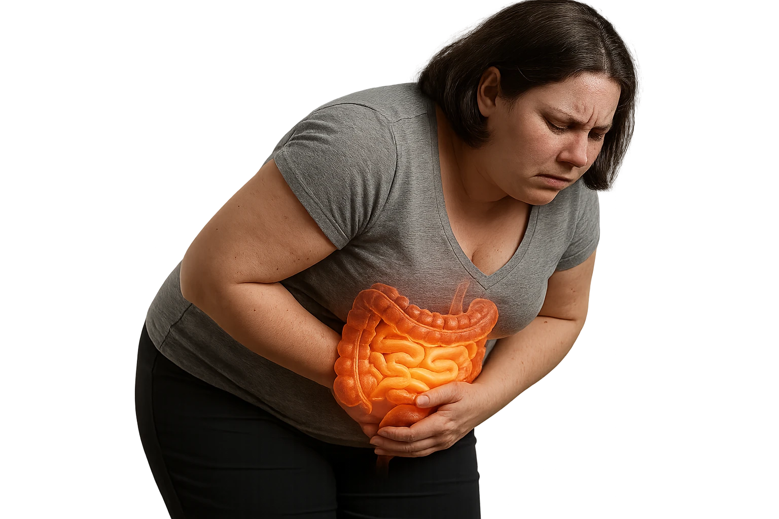 DONNA LEGGERMENTE SOVRAPPESO PIEGATA IN AVANTI CON INTESTINO ANATOMICO IN EVIDENZA, MAL DI PANCIA iperrealistico 4k emoji