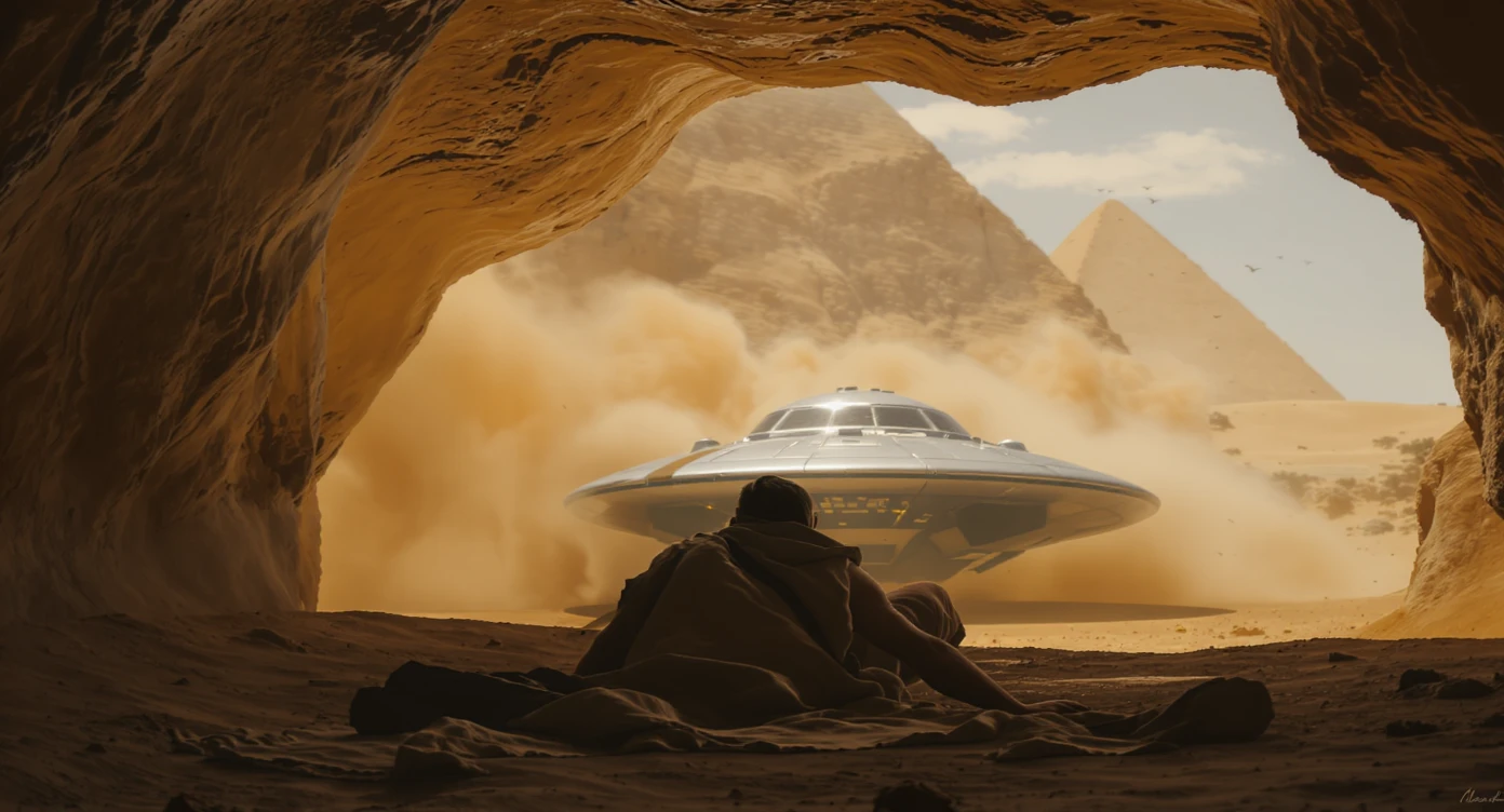 cinematic still, documentary photography, acient egypt, back shot of a man dress in ancient clothes in cave (frame in frame effect) on ground laying front of small ufo starship, sand flying around, palms, dynamic scane, leading lines, captured by arri alexa, depth layers, piramids in babckground emoji