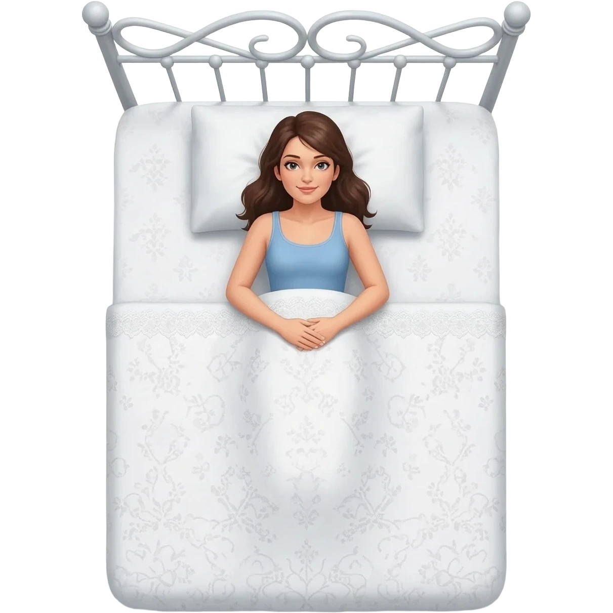 Woman laying on white lace bed camera top down view emoji